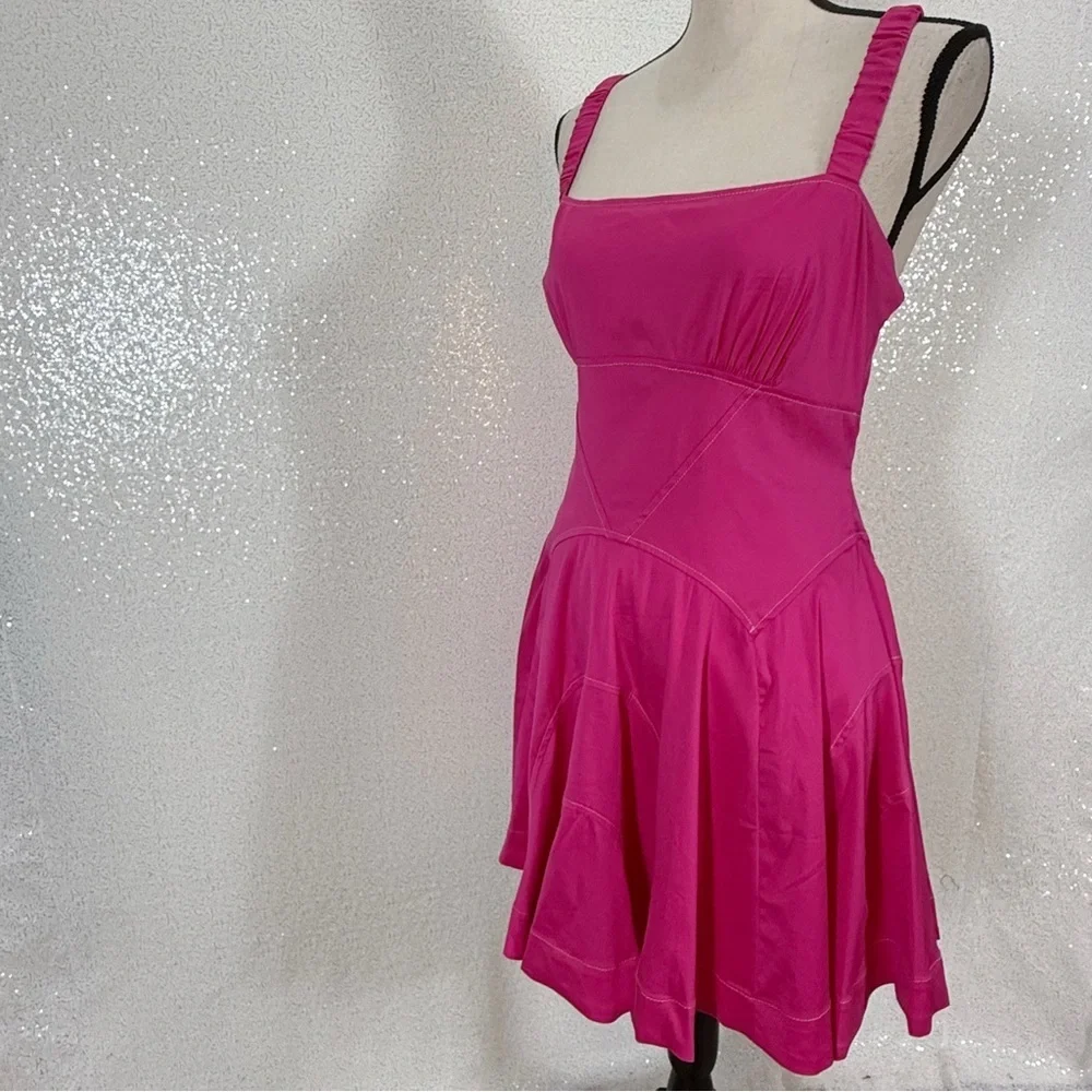 Anthropologie Pink Fit & Flare Mini Dress Size L Ruched Strap Back Zip NWT - Picture 8 of 11